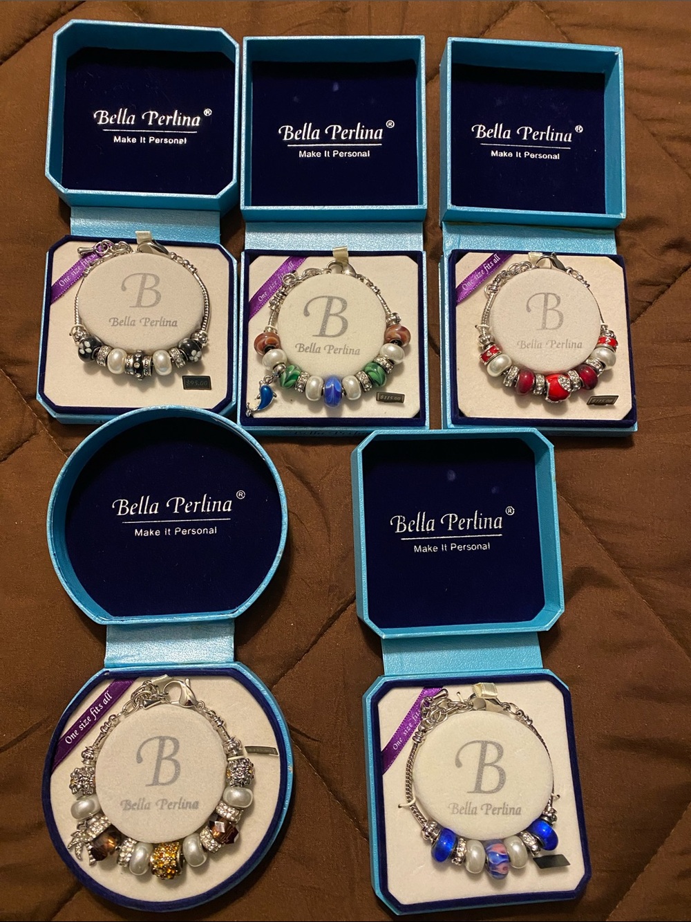 5 Bella Perlina Women's Silver Charm Bracelets with Blue and White Beads